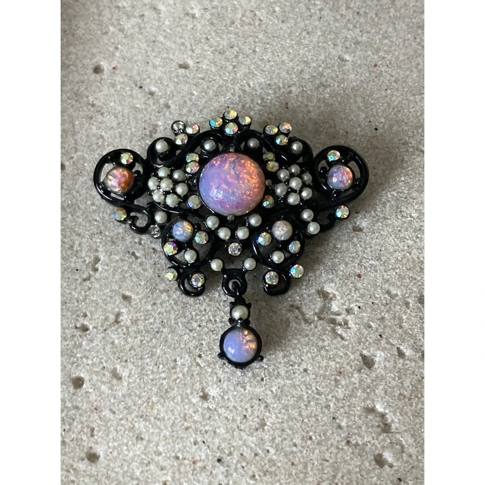 Black Filigree AB Rhinestone Faux Opal Pearl Dangle Brooch Victorian Gothic Pin